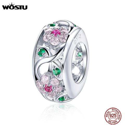 WOSTU 925 Sterling Silver Flower Beads Pink Zircon Round Charms Fit DIY Bracelet For Women Luxury Silver  925 Jewelry C039 ► Photo 1/6