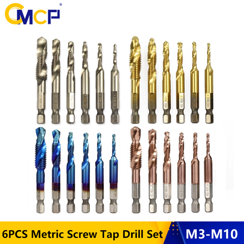 Gold 6pcs/set Hand Tap Drill Bits Hex Shank HSS Screw Spiral Point Thread Tools