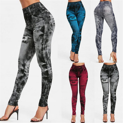 YICN Women Gym Leggings Faux Denim Jeans Leggings Pocket Printing Leggings Casual High Waist Pencil Pants Plus size Yoga Pants ► Photo 1/6