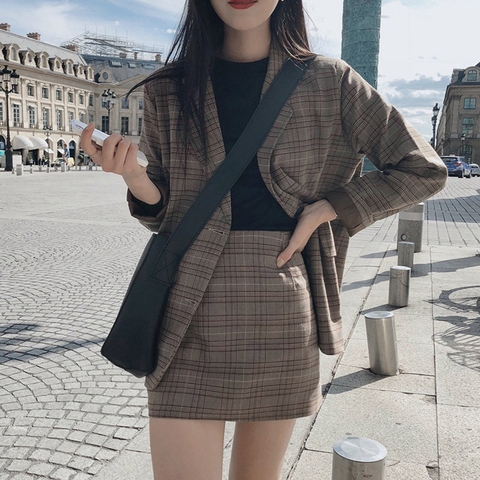 Comelsexy Plaid Print Notched Blazer Suit+ High Waist Pencil Skirt Set Vintage Autumn Casual Korean Office Lady Two Piece Set ► Photo 1/5