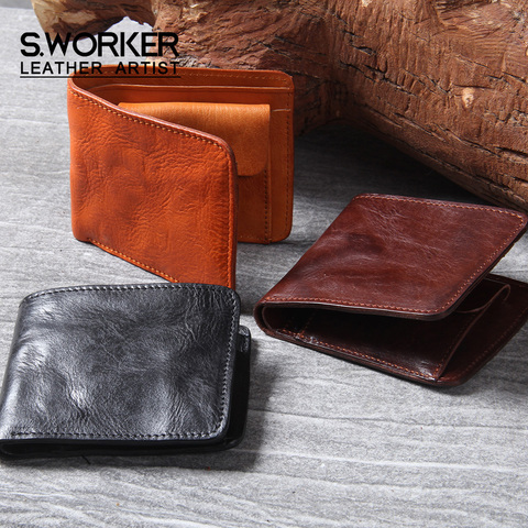 S.WORKER Vintage Men's Classic Genuine Leather Wallet Credit Cards Holder Pocket Purse Cowhide Leather Retro Style Handmade ► Photo 1/6