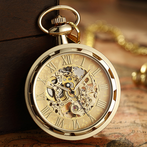 Vintage Watch Necklace Steampunk Skeleton Mechanical Fob Chain Pocket Watches Roman Number Clock Pendant Hand-winding Men Women ► Photo 1/6