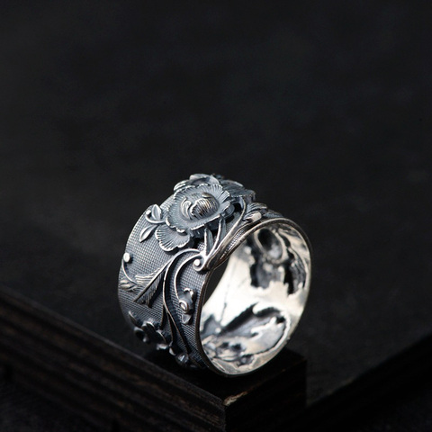 Retro Thai Silver Cubic Peony Rings Exaggerated Wide 990 Sterling Silver Party Flowers Rings for Women ► Photo 1/6