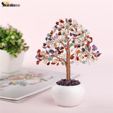 Sunligoo Feng Shui Money Tree Ornaments Mini Tumbled Gemstones Bonsai Tree Figurines Ceramic Vase Living Room Office Home Decor ► Photo 1/6