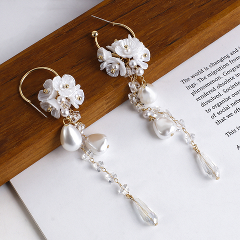 Lifefontier Fashion Long Tassel Simulated Pearl Drop Earrings Big Crystal Bead Resin Flower Petal Earrings for Women Wedding ► Photo 1/6