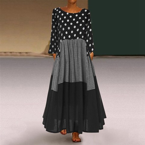 Mferlier Chic Autumn Dress Ladies O Neck Long Sleeve Dot Plaid Patchwork Slim Big Sizes 8XL 7XL 6XL 5XL 4XL Black A Line Dress ► Photo 1/6