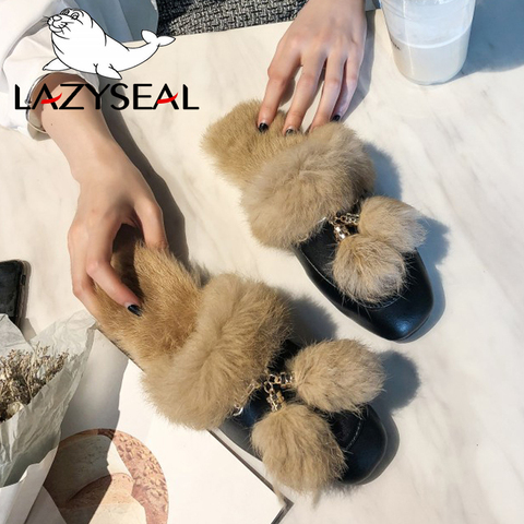 LazySeal Fur Women Slippers Metal Decoration Fringe Appliques Slides Winter 100% Real Rabbit Hair Shoes Woman Indoor Big Size 44 ► Photo 1/6