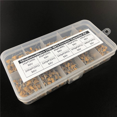 500pcs 10Valuesx50 10pF~680pF (100~681) Multilayer/Monolithic Ceramic Capacitor Assorted kit with storage box ► Photo 1/3