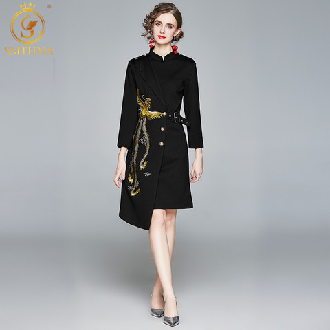 SMTHMA New Fashion Designer Black Dresses Spring Autumn Women's  Embroidery Elegant Asymmetrical Vestido Da Festa ► Photo 1/6