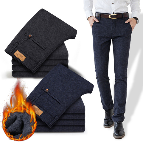 2022 Winter New Men's Warm Casual Pants Classic Style Business Fashion Thicken Slim Fit Fleece Trousers Black Blue Brand Clothes ► Photo 1/6