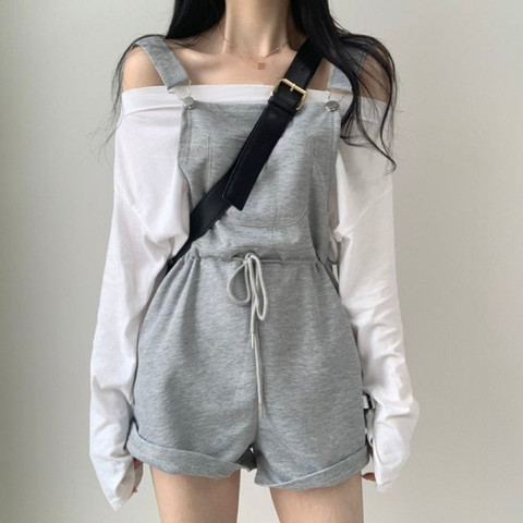 Two Pieces Sweatsuits for Women Off Shoulder Long Sleeve T-shirts + Lace Up Waist Palysuits Korean Sets 2022 New ► Photo 1/4