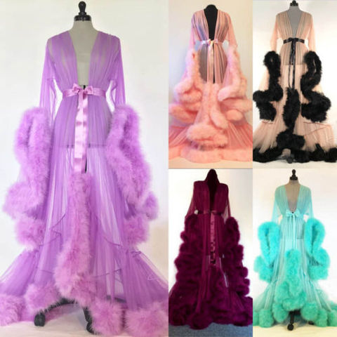 Fashion Gown Mesh Fur Sleep Wear  Night Dress Nightgrown Robes Sexy Women Lingerie Sleepwear Lace Robe Home Clothes Nightwear ► Photo 1/6