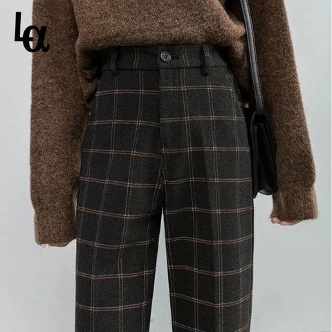 Luck A 2022 Winter Women Plaid Plus Size Woolen Straight Trousers Female High Waist Loose England Style Ankle-length Pants ► Photo 1/6