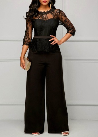 Elegant Sexy Jumpsuits Women Long Sleeve Lace Patchwork Jumpsuit Loose Trousers Wide Leg Pants Rompers Holiday Black Overalls ► Photo 1/6