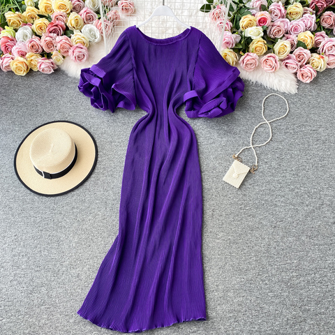 Casual Round Neck Flare Short Sleeve Pleated Long Dress Vintage High Waist Ruffles Female Dresses New Fashion Robe Mujer 2022 ► Photo 1/6