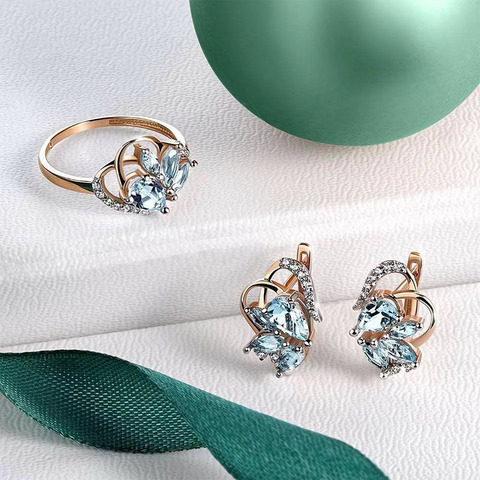 Exquisite Rose Gold Plated Bridal Jewelry Set Butterfly Shape Blue Crystal Zircon Dangle Earring Wedding Ring Engagement Jewelry ► Photo 1/4