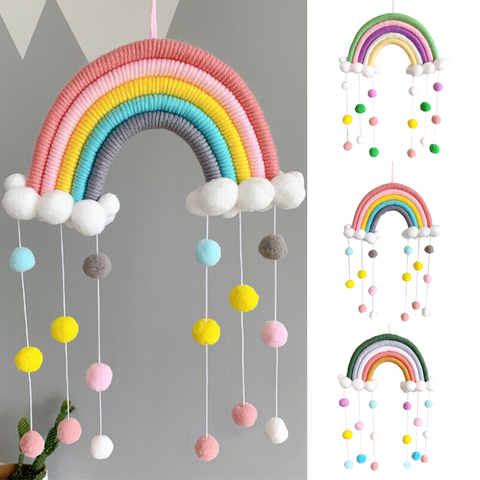 1 PC Cute Rainbow Clouds Tapestry Felt Ball Macrame Wall Hanging Decor Handmade Woven Photo Prop Room Decoration Crafts ► Photo 1/6