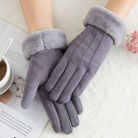 Winter Female Double Thick Plush Wrist Warm Cashmere Cute Cycling Mittens Women Suede Leather Touch Screen Driving Glove C56B ► Photo 1/6