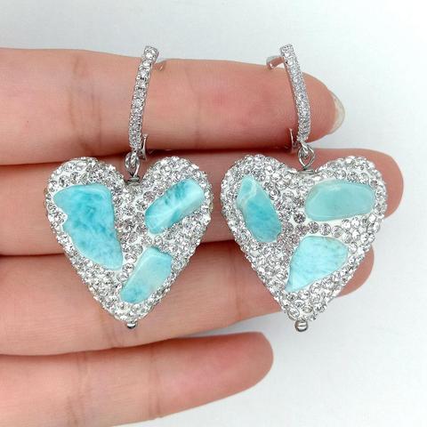 Blue Larimar Silver Crystal Pave Heart-Shaped Dangle Lever back Earrings trendy for women ► Photo 1/5