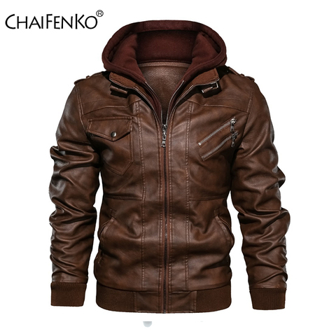 CHAIFENKO Winter Brand Warm Men Leather Jacket Motorcycle Stand Collar With Cap Leather Coats Men Fashion Casual PU Men Jacket ► Photo 1/6