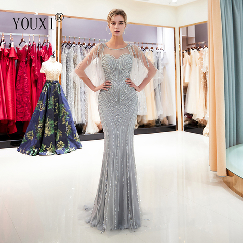Gray Mermaid Evening Dresses with Sleeves Beaded Beading Pearls Prom Gowns Vestidos Formal Para Mujer Handwork Sheer Neck ► Photo 1/1
