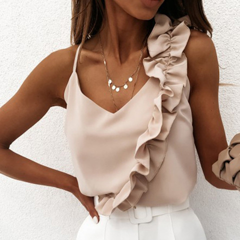 Women Summer Blouse Shirts Sexy V Neck Ruffle Blouses Backless Spaghetti Strap Office Ladies Sleeveless Casual Tops ► Photo 1/6