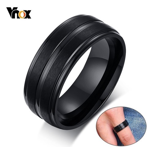 Vnox Basic Mens 8MM Black Wedding Rings Thin Line Stainless Steel anel masculino Bands Gifts for Him ► Photo 1/6