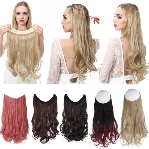 No Clip Wave Halo Hair Extensions Ombre Synthetic Natural Black Blonde Pink One Piece False Hairpiece Fish Line Fake Hair Piece ► Photo 1/6