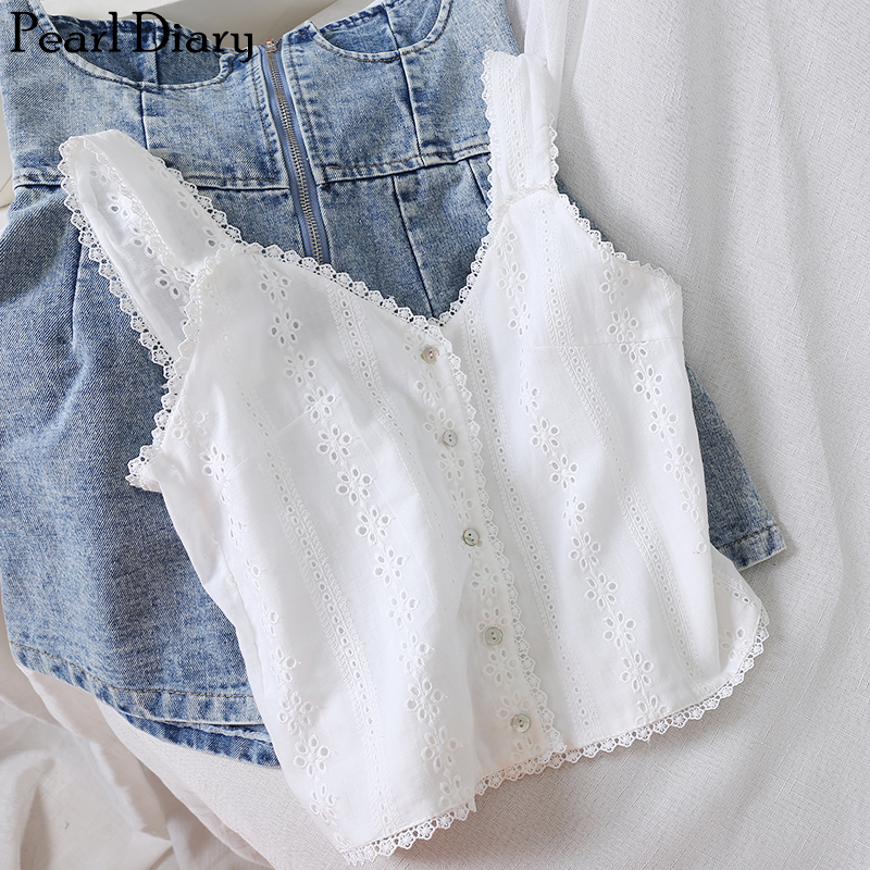 Pearl Diary Women Cotton Eyelet Embroidery Tank Top White Color Picot Elegant Crop Tank Top Sweet Casual Buttoned Up Short Top ► Photo 1/6