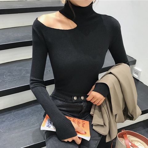 2022 Knitted Women high neck Sweater Sexy Off Shoulder Pullovers Turtleneck Autumn Winter Basic Women Sweaters Slim Fit Tops ► Photo 1/6