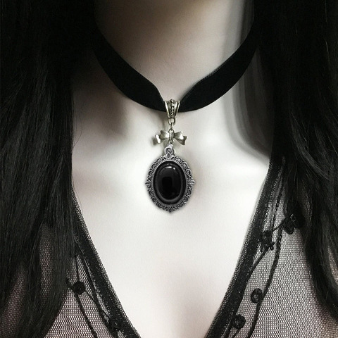 Black Velvet Choker Necklace, Gothic Victorian Black Cameo ► Photo 1/2