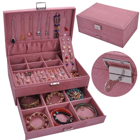 2022 New Fashion Style Flannel Double Layer Jewelry Holder With Large Capacity Velvet Jewelry Box ► Photo 1/6