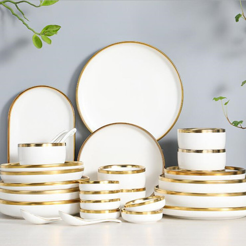 Gilt Rim White Porcelain Dinner Plate Set Kitchen Plate Ceramic Tableware Food Dishes Rice Salad Noodles Bowl Mug Cutlery Set 1p ► Photo 1/5