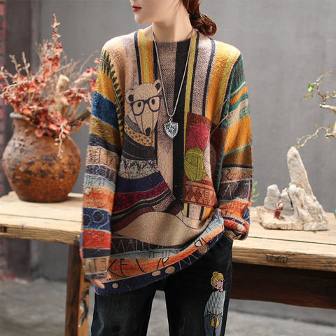 Autumn Winter Sweater Large size Women Knitting Loose Pullovers New Ladies Tops O-Neck Print Character Casual All-match Sweater ► Photo 1/6