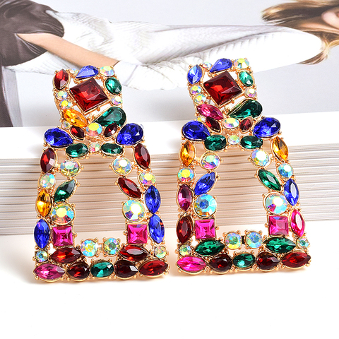Wholesale ZA New Long Metal Hollowed-out Hanging Colorful Crystals Dangle Drop Earrings Fine Jewelry Accessories For Women ► Photo 1/6
