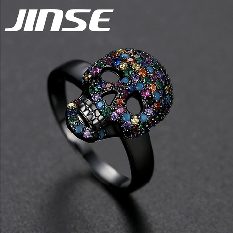 JINSE Punk Colorful CZ Skeleton Devil Ring Black White Bling Zircon Skull Face Iced Rings For Men Fashio Biker Hip Hop Jewelry ► Photo 1/6