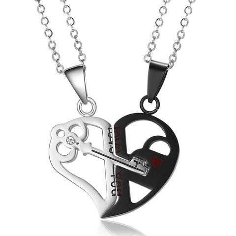 2pcs Couple Necklace Broken Heart Key Love you Pendant Necklace Double Color Boyfriend Girlfriend Valentines Day's Gift ► Photo 1/6