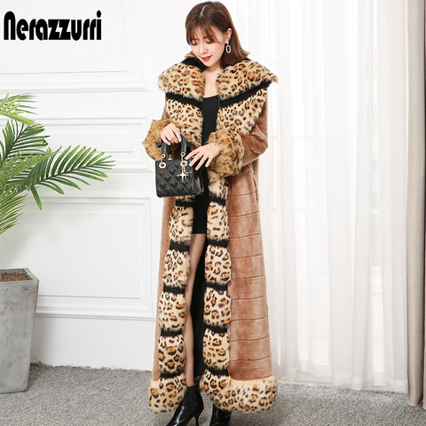 Nerazzurri x-long winter faux fur coat women with leopard fox fur trim lengthened furry warm plus size fake mink fur overcoat ► Photo 1/6