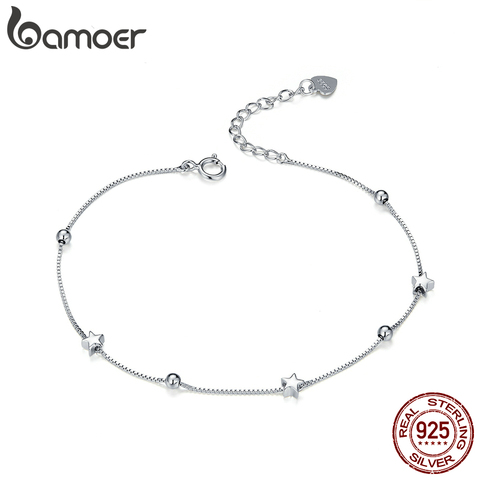 bamoer Genuine 925 Sterling Silver Heart and Star Beads Chain Bracelet Female Fashion Silver 925 Jewelry Accessories SCB171 ► Photo 1/6