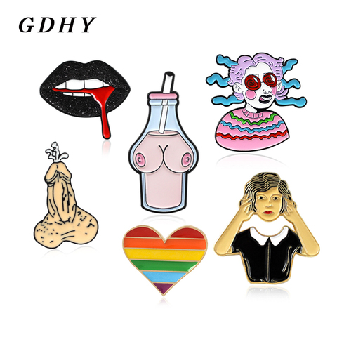 GDHY Sexy Rainbow Heart Genital Pink Milk Bottle Breast Black lips Lesbian Gay Brooch Enamel pins For Woman Brosch Badge Jewelry ► Photo 1/6