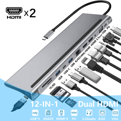 Adaptador USB C 2 HDMI, Docking Station Hub, Dual Monitor, Dual