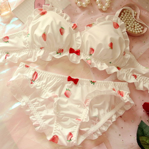 Strawberry Cute Japanese Milk Silk Bra & Panties Set Wirefree Soft Underwear Set Kawaii Lolita Bra and Panty Set Pink Lingerie ► Photo 1/6