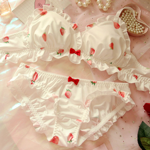 Japanese Chiffon Cute Bra & Panties Set Ruffles Wirefree Soft Underwear  Sleep Intimates Set Kawaii Lolita Women Underwear Set