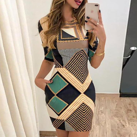 Fashion new casual ladies dress print pattern short-sleeved slim round neck dress ladies spring and autumn short dress ► Photo 1/6