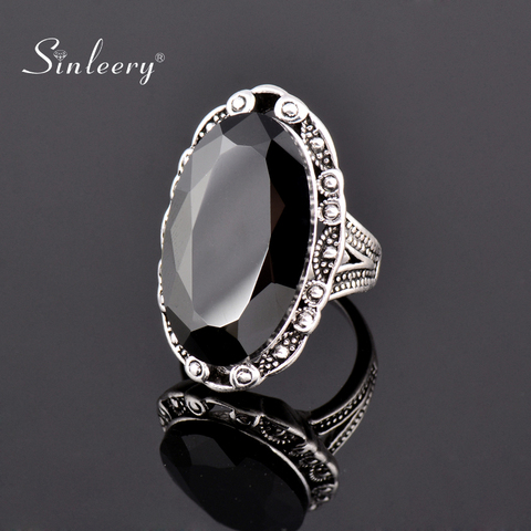 SINLEERY Vintage Big Black Oval Stone Rings For Women Size 6 7 8 9 10 Antique Silver Color Jewelry Anel Jz516 SSF ► Photo 1/6