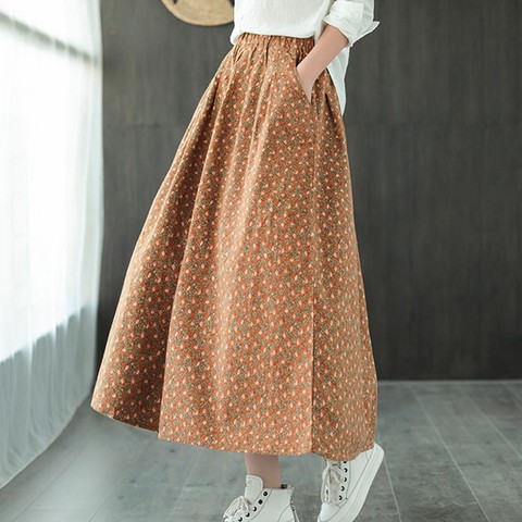 Johnature Autumn Winter New Cotton Retro Print Pockets Elastic Waist Half Skirt 2022 Loose Leisure All-match Women Fashion Skirt ► Photo 1/6