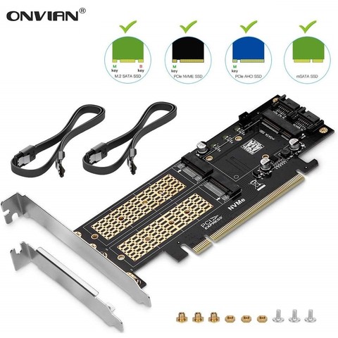 Onvian 3 in 1 NGFF and mSATA SSD Adapter Card M.2 NVME to PCIe 16X/M.2 SATA SSD to SATA III/mSATA to SATA Converter+2 SATA Cable ► Photo 1/6