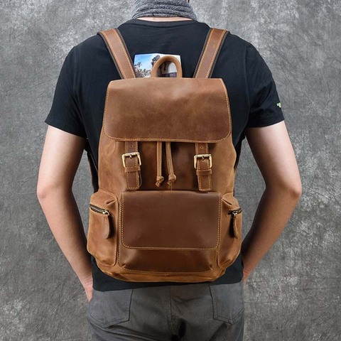 Vintage Crazy Horse Leather Backpacks Mens Genuine Leather Rucksack Durable Leather School Bag for male Travlling Bagpacks ► Photo 1/6