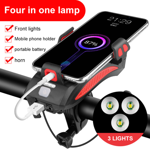 Multi-Function 4 in 1 Bicycle Light Flashlight Bike Horn Alarm Bell Phone Holder Power Bank Bike Accessories Cycling Front Light ► Photo 1/6