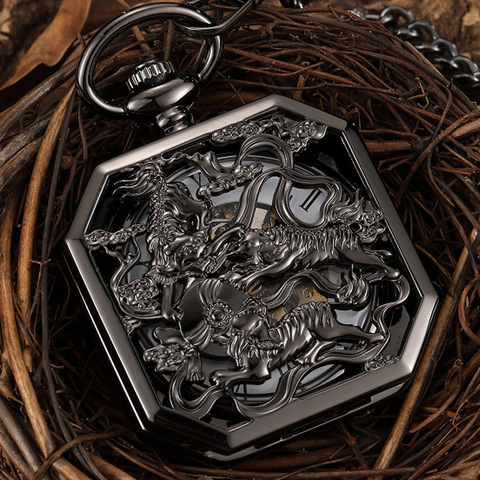 Square Mechanical Pocket Watch Men Black Lucky Chinese Kirin Fighting Tigers China Animal Brave Symbol Pendant Chain Fob Clock ► Photo 1/6